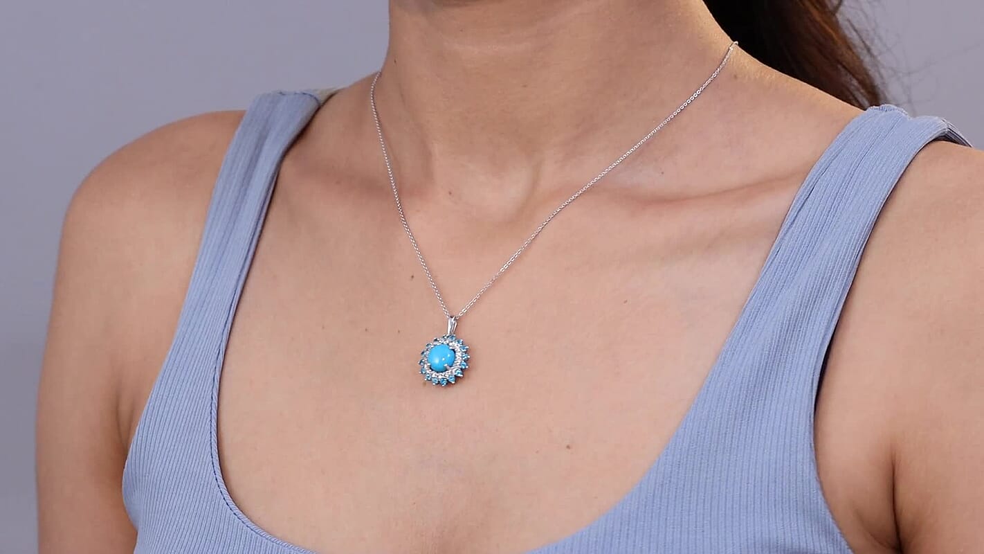 D'Joy Premium Sleeping Beauty Turquoise and Multi Gemstone 3.80 ctw Ocean Bloom Pendant Necklace 20 Inches in Rhodium Over Sterling Silver