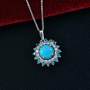 D'Joy Premium Sleeping Beauty Turquoise and Multi Gemstone 3.80 ctw Ocean Bloom Pendant Necklace 20 Inches in Rhodium Over Sterling Silver