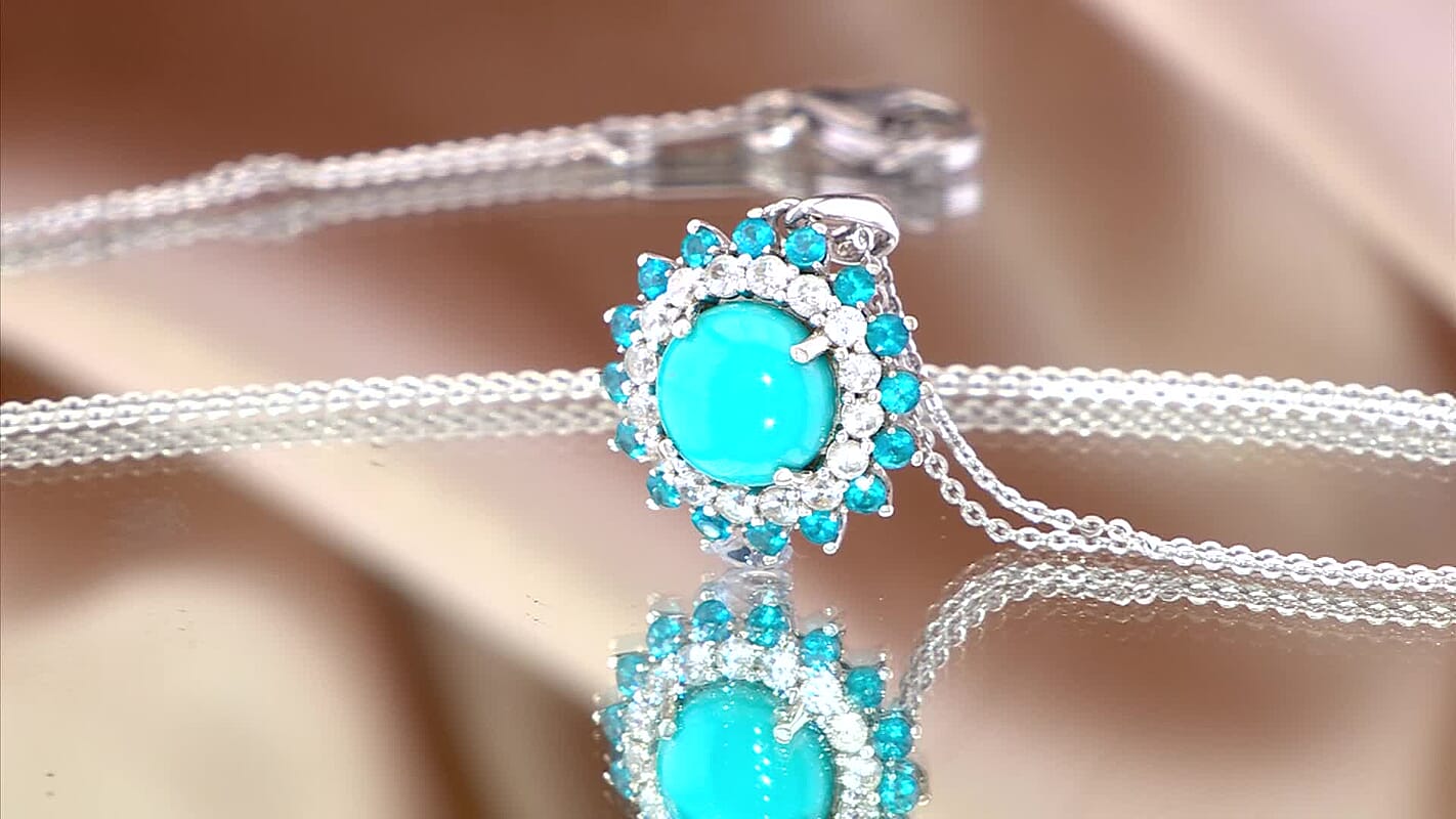 D'Joy Premium Sleeping Beauty Turquoise and Multi Gemstone 3.80 ctw Ocean Bloom Pendant Necklace 20 Inches in Rhodium Over Sterling Silver