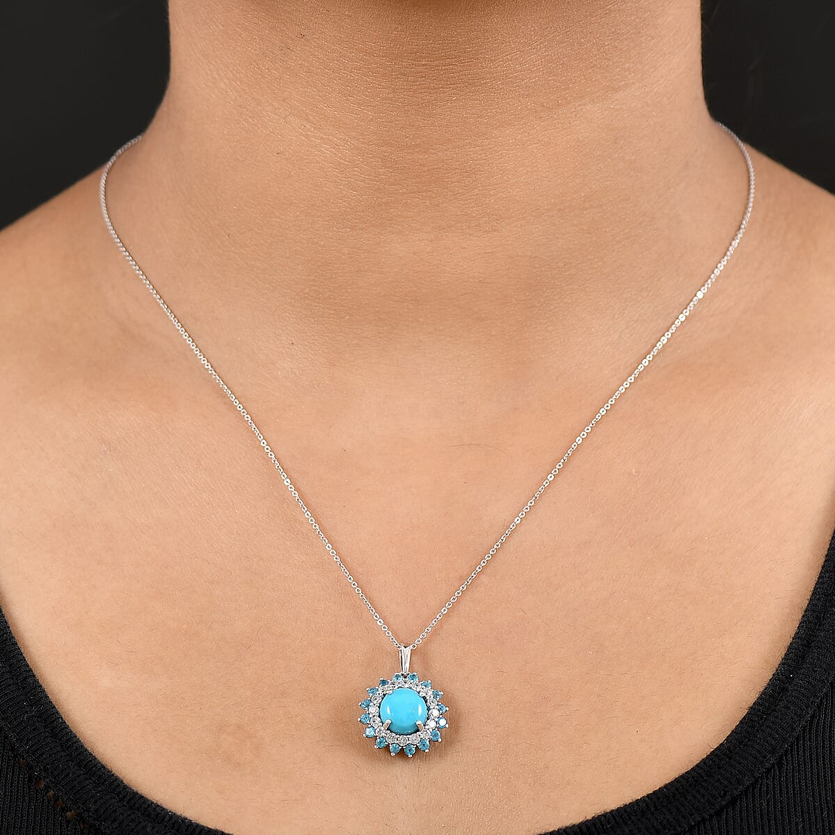 D'Joy Premium Sleeping Beauty Turquoise and Multi Gemstone 3.80 ctw Pendant Necklace 20 Inches in Rhodium Over Sterling Silver image number 2