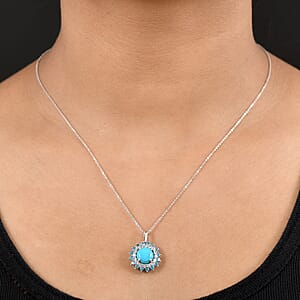 D'Joy Premium Sleeping Beauty Turquoise and Multi Gemstone 3.80 ctw Ocean Bloom Pendant Necklace 20 Inches in Rhodium Over Sterling Silver