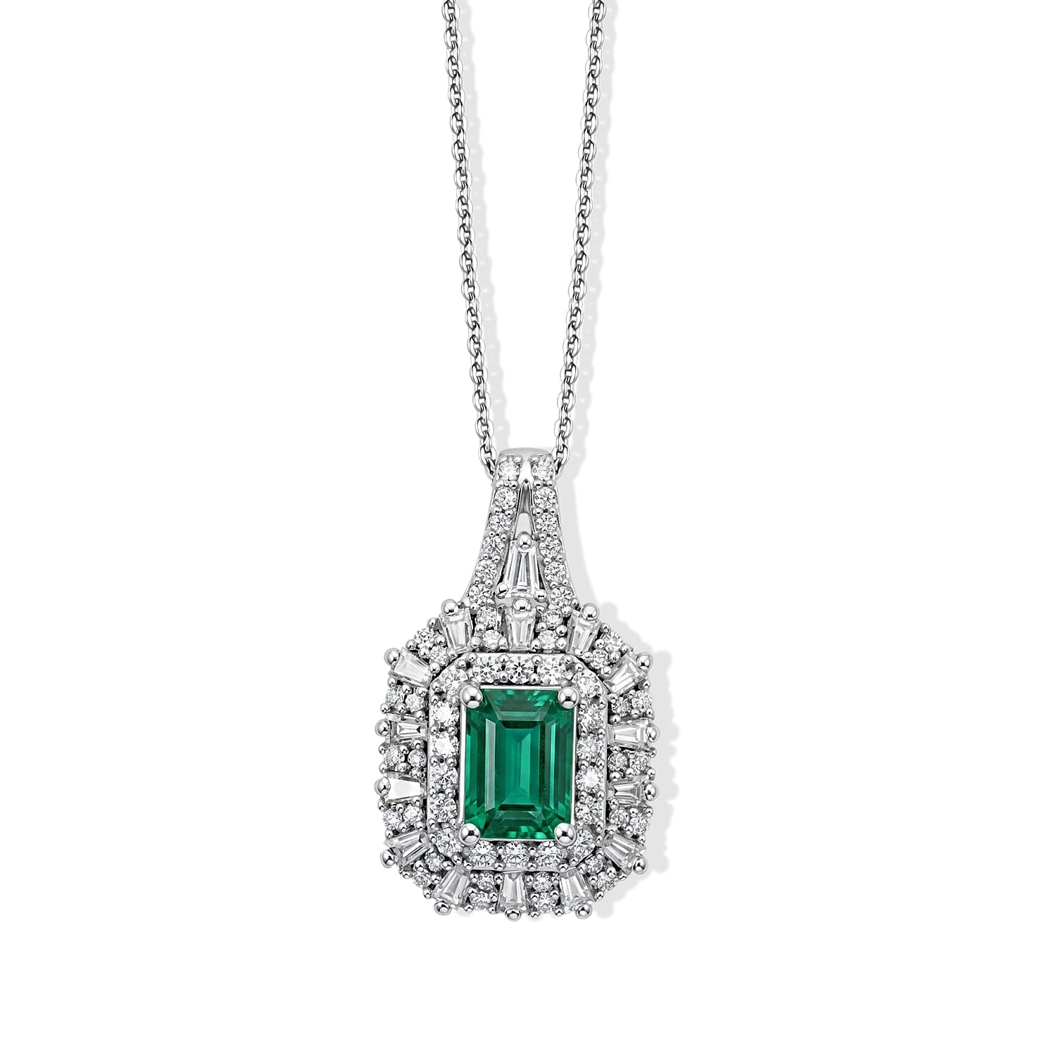 D'Joy Premium Kagem Zambian Emerald, Moissanite Pendant Necklace in Rhodium Over Sterling Silver (20 Inches) 1.80 ctw