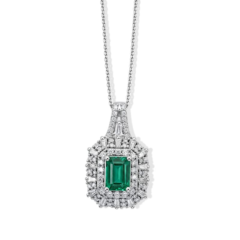 D'Joy Premium Kagem Zambian Emerald, Moissanite Pendant Necklace in Rhodium Over Sterling Silver (20 Inches) 1.80 ctw