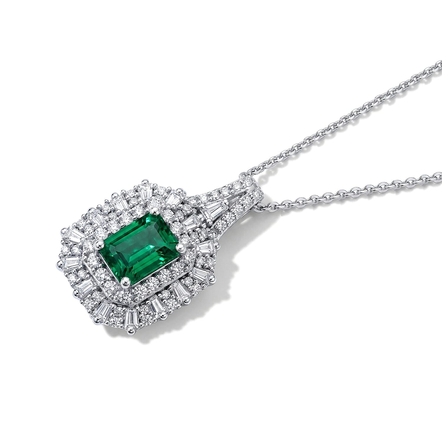 D'Joy Premium Kagem Zambian Emerald, Moissanite Pendant Necklace in Rhodium Over Sterling Silver (20 Inches) 1.80 ctw