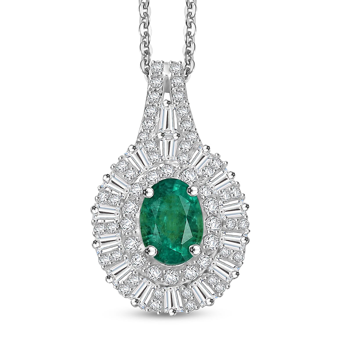 Doorbuster D'Joy Premium Kagem Zambian Emerald and Moissanite 1.50 ctw Necklace in Rhodium Over Sterling Silver 20 Inches image number 0