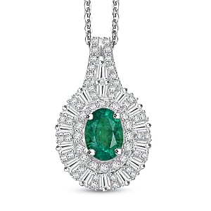 Doorbuster D'Joy Premium Kagem Zambian Emerald and Moissanite 1.50 ctw Necklace in Rhodium Over Sterling Silver 20 Inches
