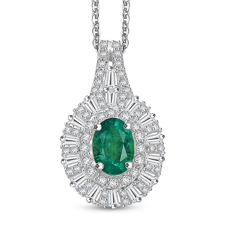 D'Joy Premium Kagem Zambian Emerald and Moissanite 1.50 ctw Necklace in Rhodium Over Sterling Silver 20 Inches