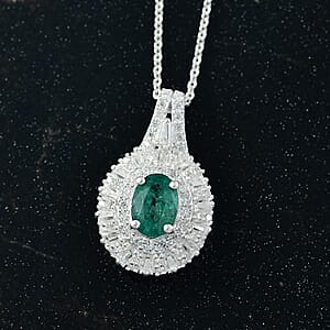 Doorbuster D'Joy Premium Kagem Zambian Emerald and Moissanite 1.50 ctw Necklace in Rhodium Over Sterling Silver 20 Inches