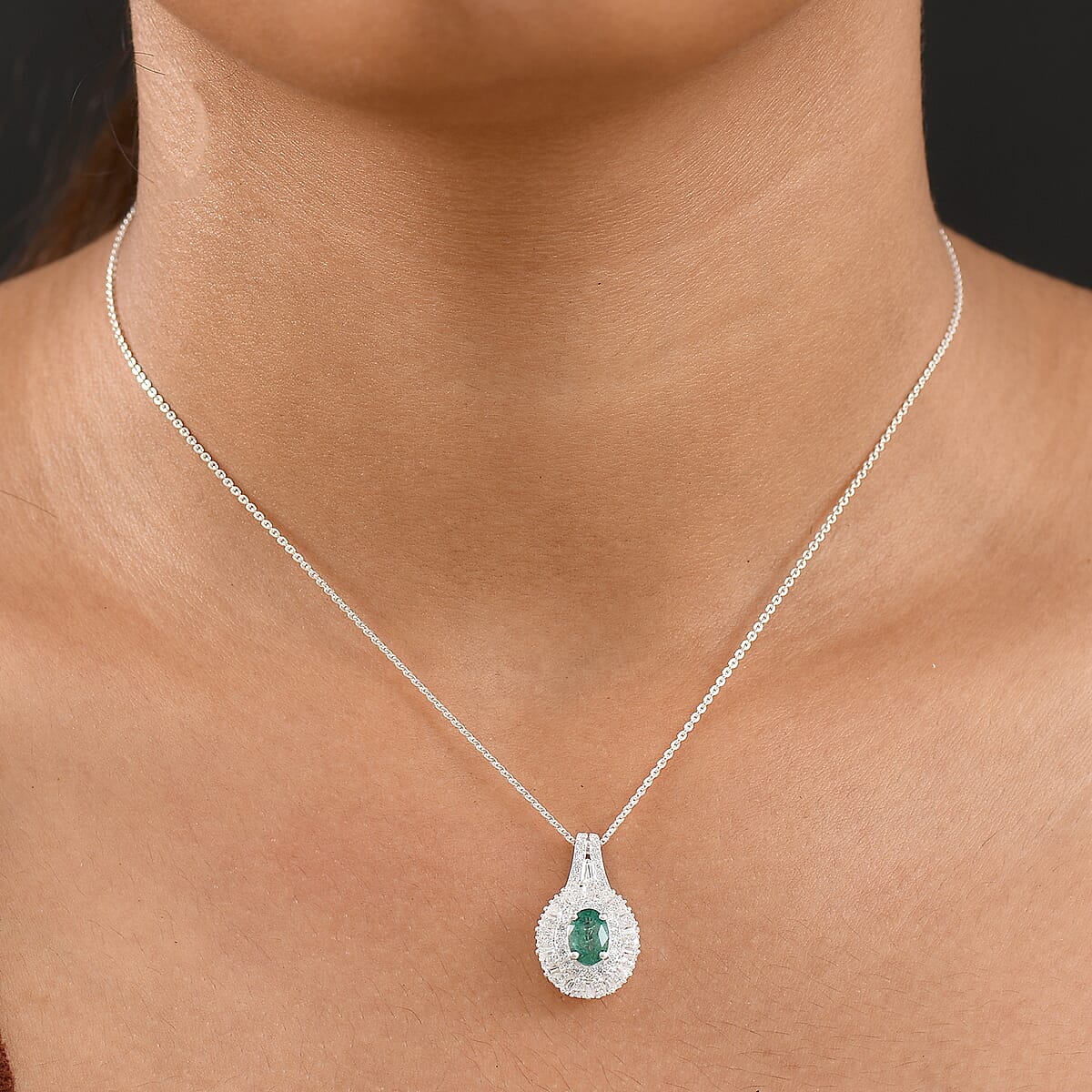 Doorbuster D'Joy Premium Kagem Zambian Emerald and Moissanite 1.50 ctw Necklace in Rhodium Over Sterling Silver 20 Inches image number 2