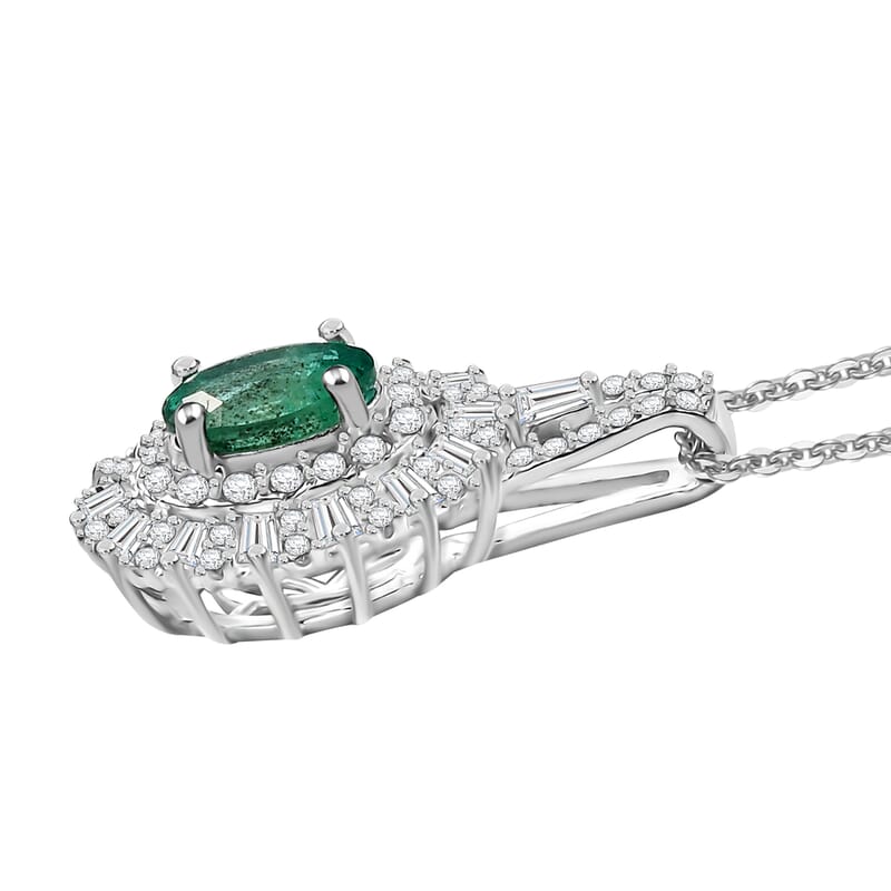 D'Joy Premium Kagem Zambian Emerald and Moissanite 1.50 ctw Necklace in Rhodium Over Sterling Silver 20 Inches