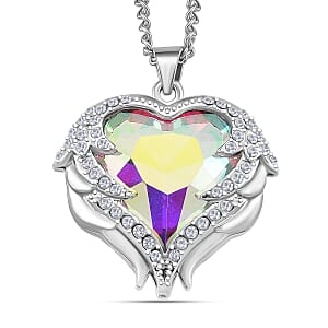 White Aurora Borealis Glass and Austrian Crystal Heart of Ocean Pendant Necklace in Silvertone 24-26 Inches