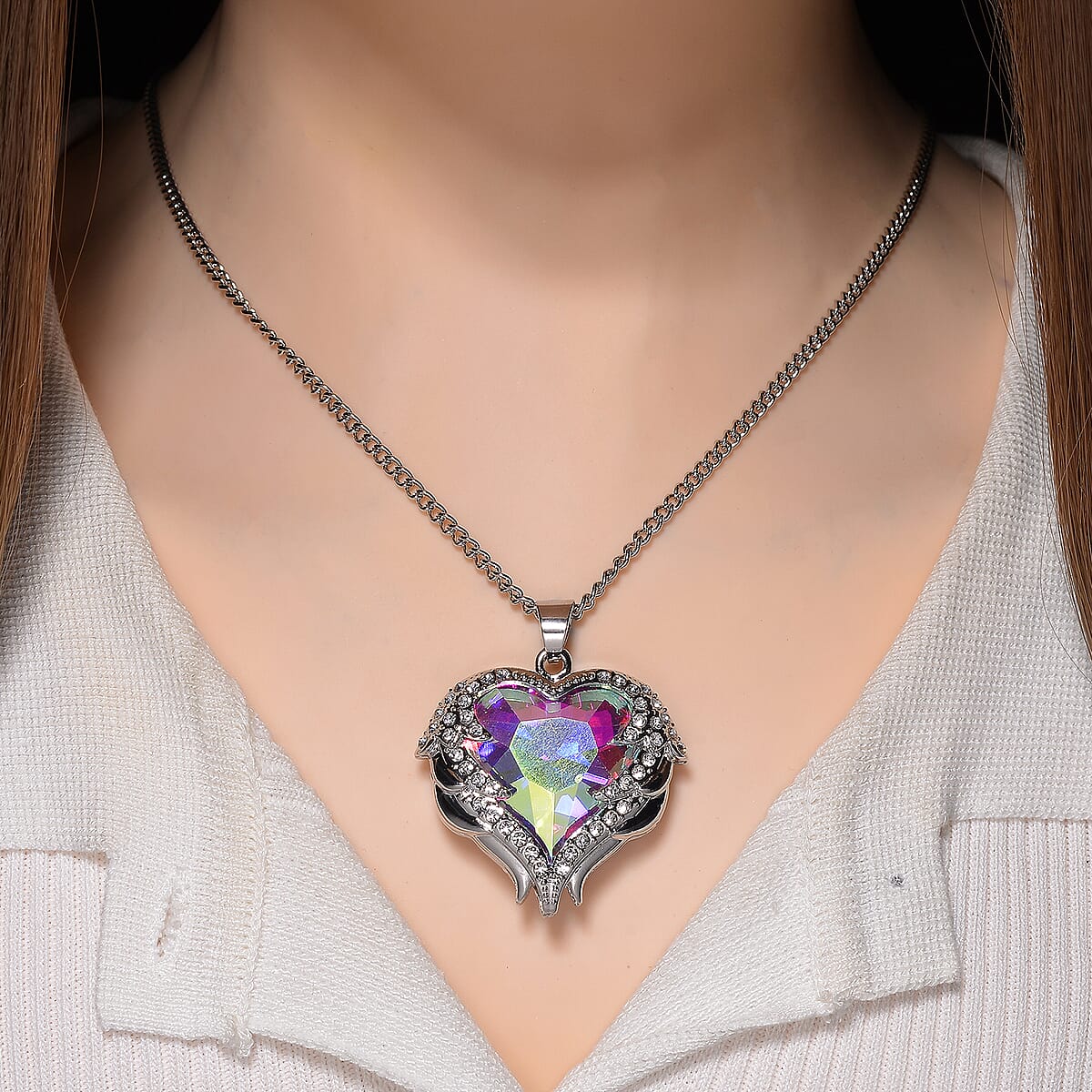 White Aurora Borealis Glass and Austrian Crystal Heart of Ocean Pendant Necklace in Silvertone 24-26 Inches image number 1