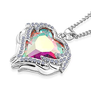 White Aurora Borealis Glass and Austrian Crystal Heart of Ocean Pendant Necklace in Silvertone 24-26 Inches