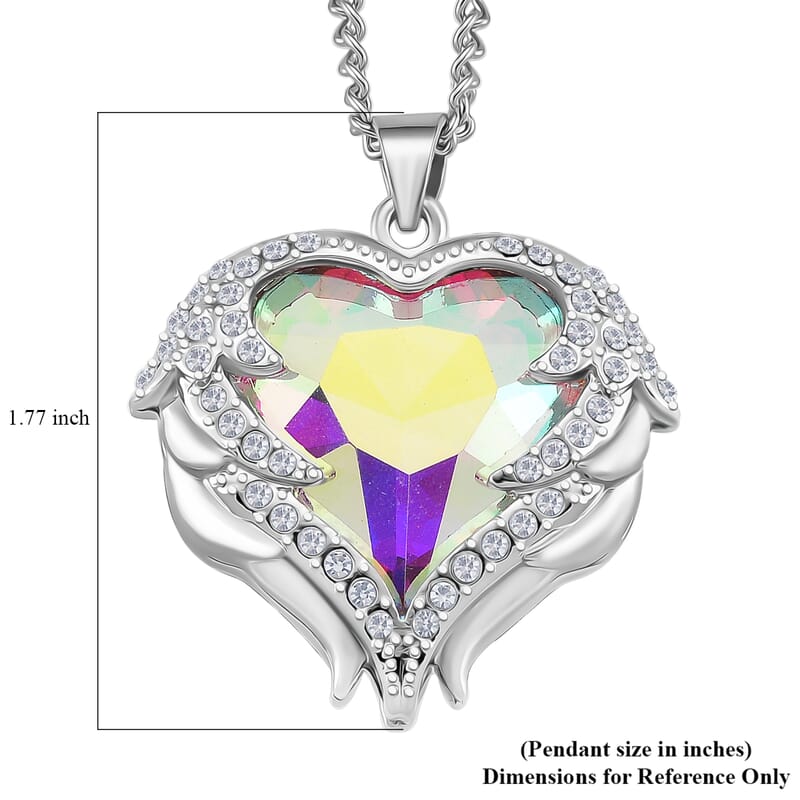 White Aurora Borealis Glass and Austrian Crystal Heart of Ocean Pendant Necklace in Silvertone 24-26 Inches