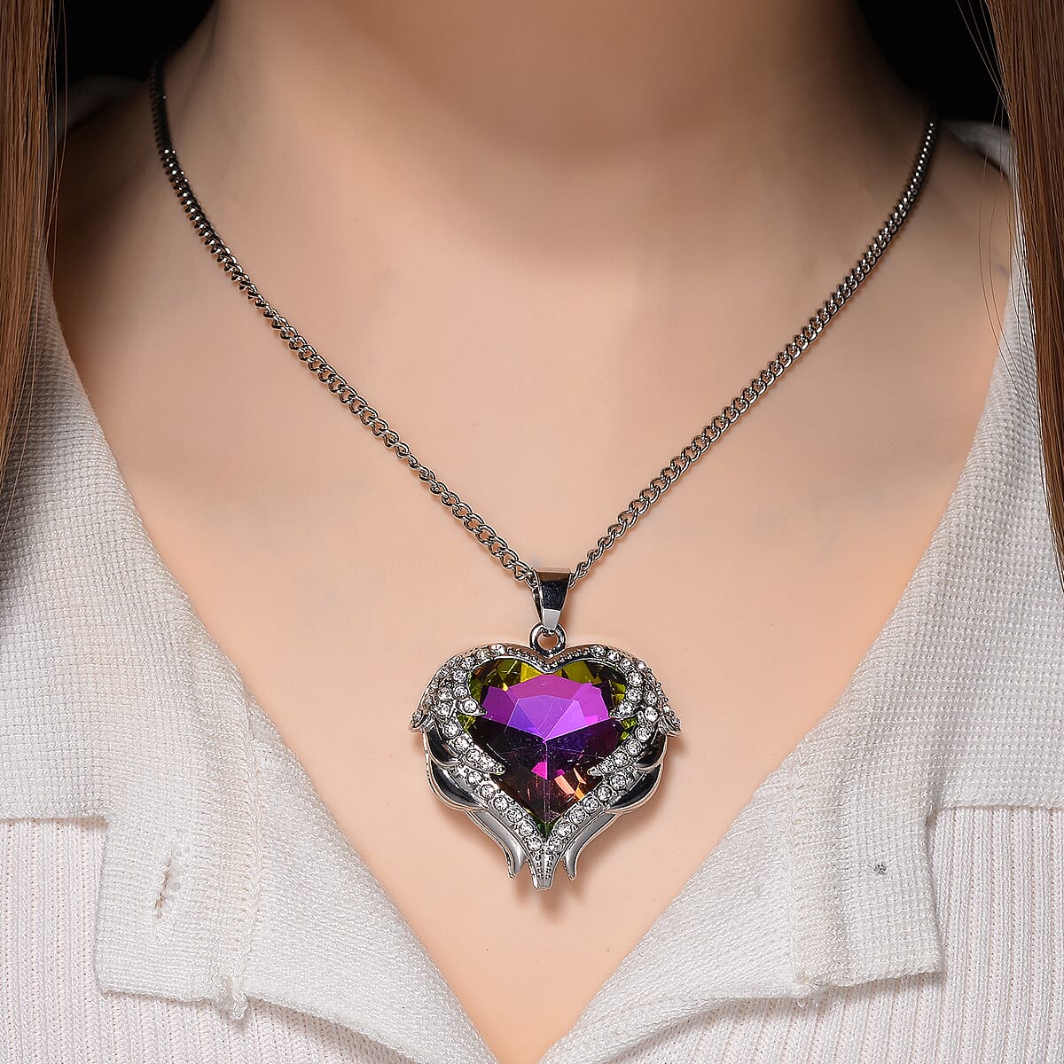 Mystic Color Glass and Austrian Crystal Heart of Ocean Pendant Necklace in Silvertone 24-26 Inches image number 1