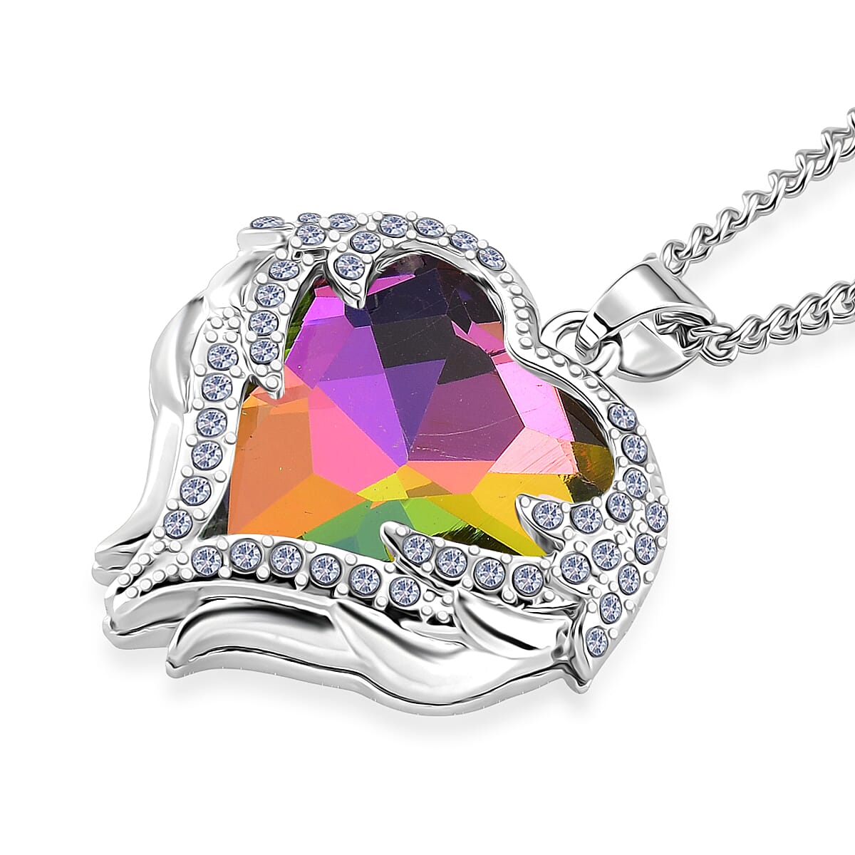 Mystic Color Glass and Austrian Crystal Heart of Ocean Pendant Necklace in Silvertone 24-26 Inches image number 2