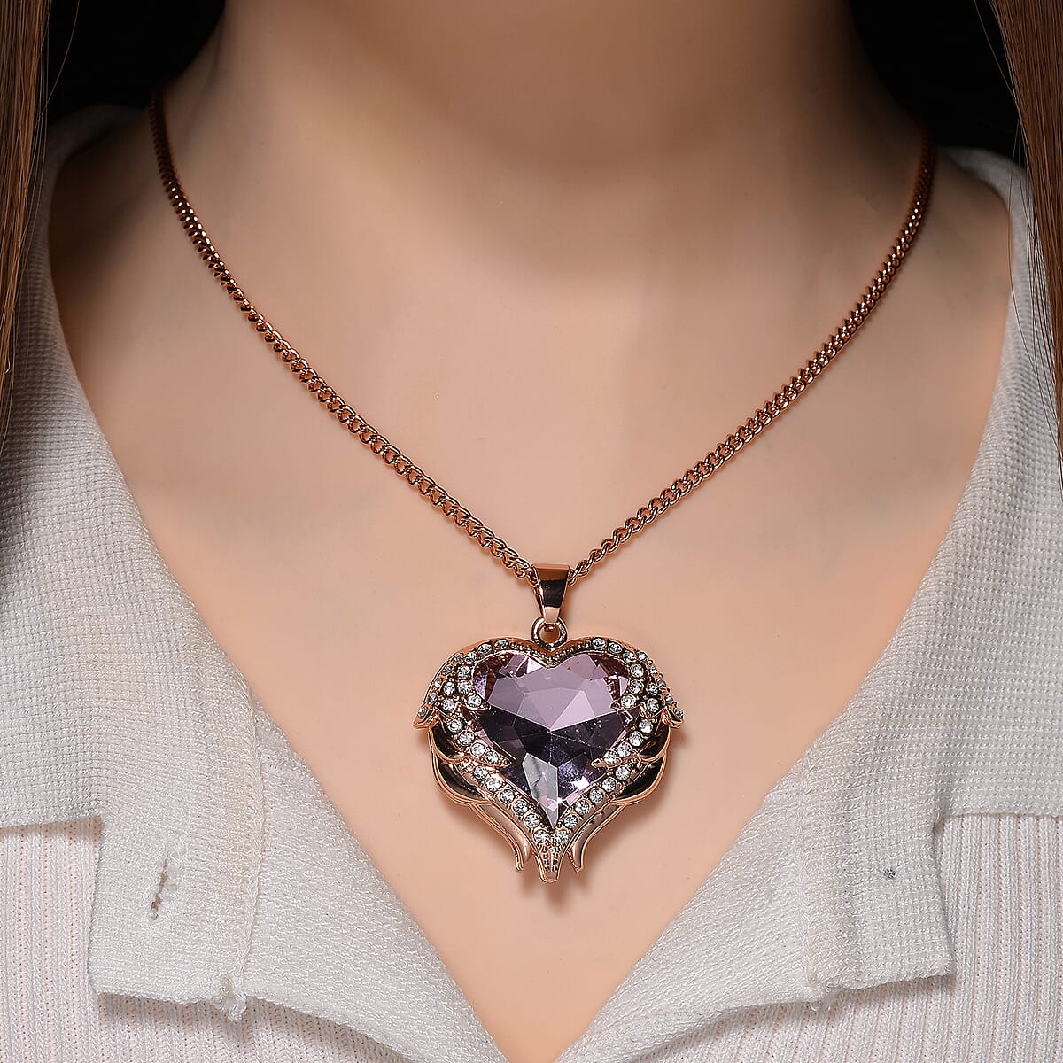 Pink Magic Color Glass and Austrian Crystal Heart of Ocean Pendant Necklace in Rosetone 24-26 Inches image number 1