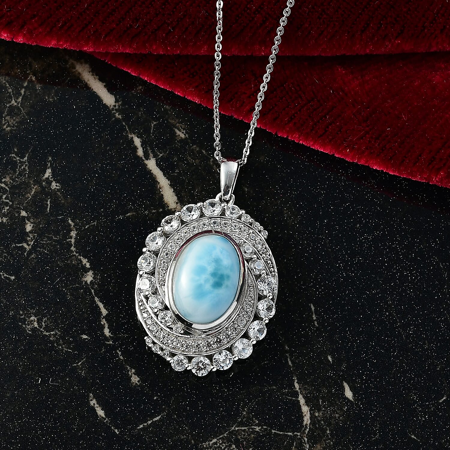 D'Joy Larimar and White Zircon 10.65 ctw Pendant Necklace in Rhodium Over Sterling Silver 20 Inches 