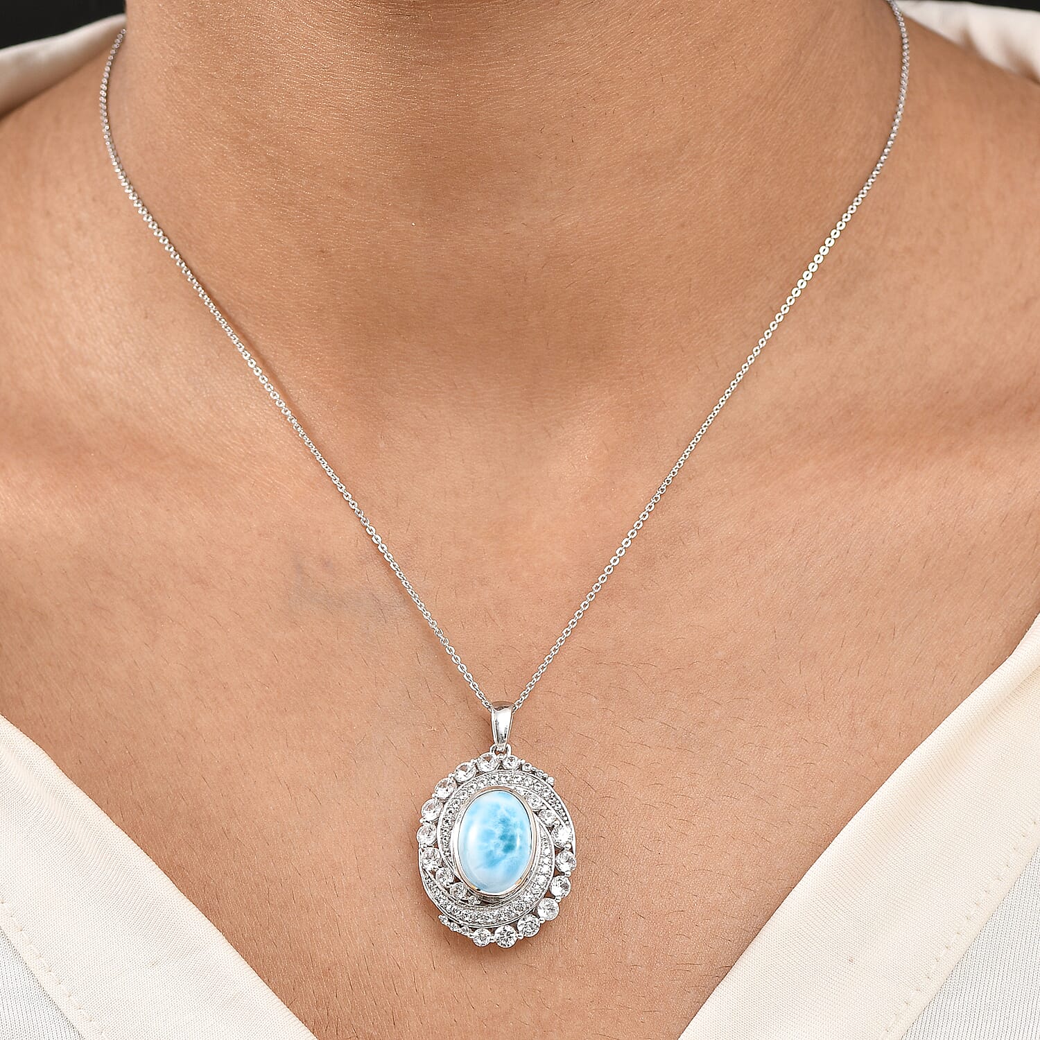 D'Joy Larimar and White Zircon 10.65 ctw Pendant Necklace in Rhodium Over Sterling Silver 20 Inches 