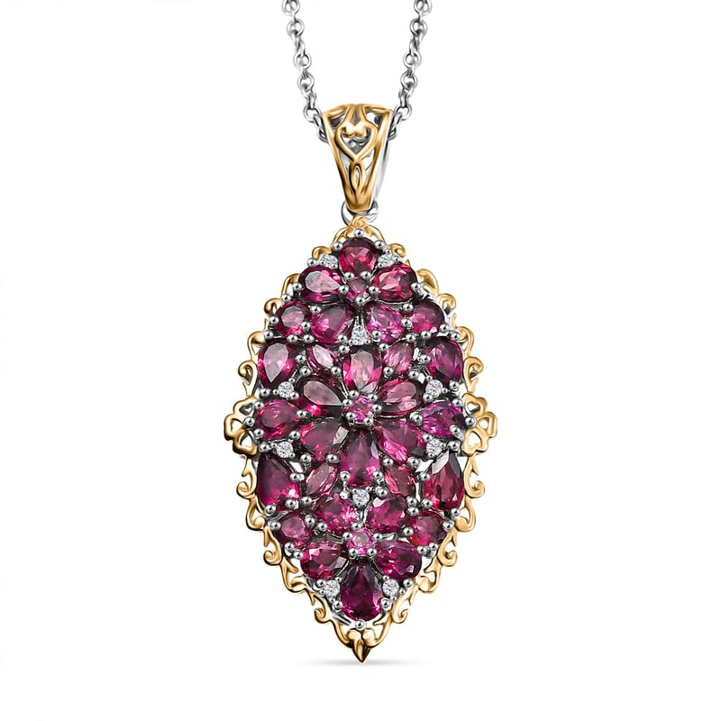 EverTrue Orissa Rhodolite Garnet 6.50 ctw Bunch of Flowers Pendant in 18K YG Plated and Platinum Bond with Stainless Steel Necklace 20 Inches