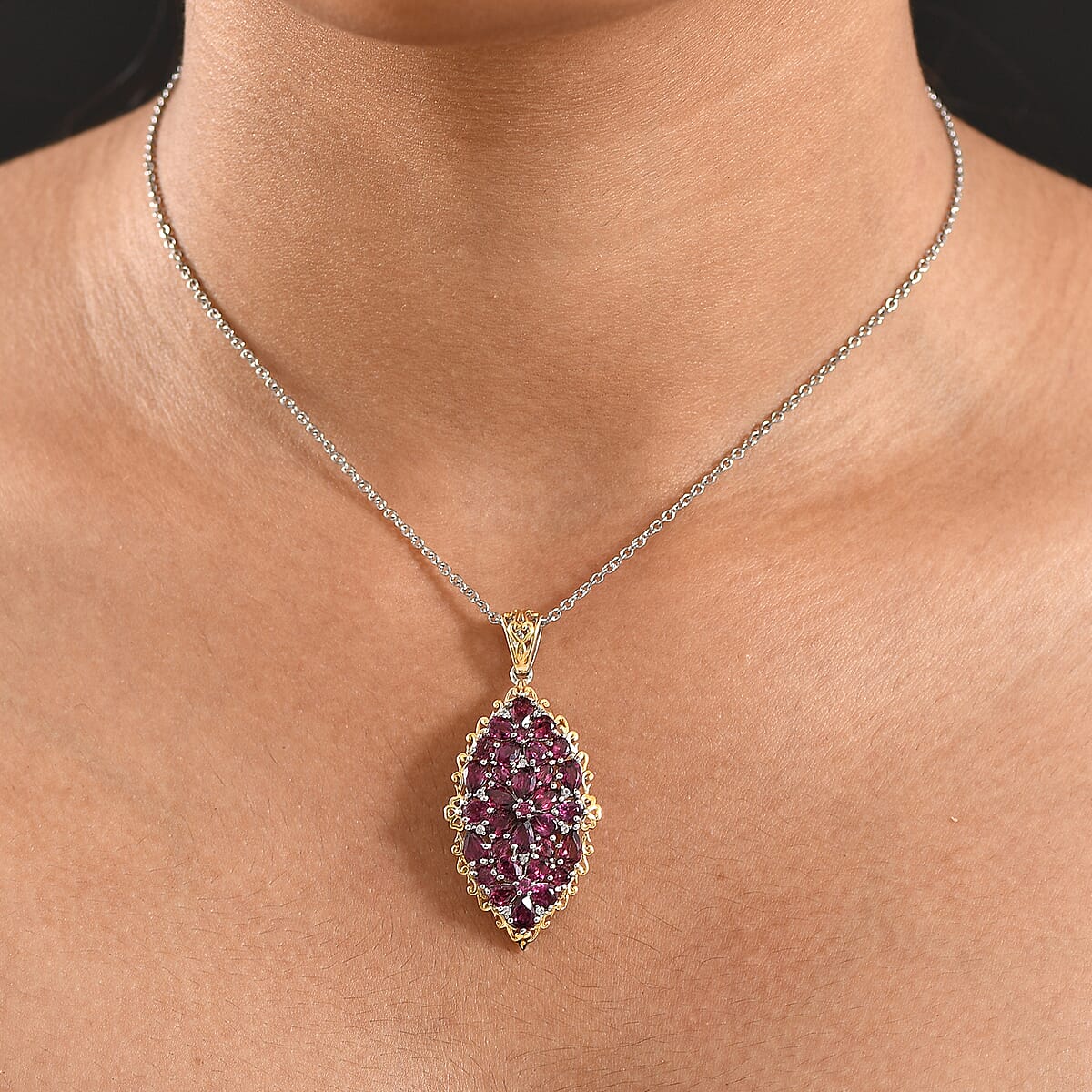EverTrue Orissa Rhodolite Garnet 6.50 ctw Pendant in 18K YG Plated and Platinum Bond with Stainless Steel Necklace 20 Inches image number 2