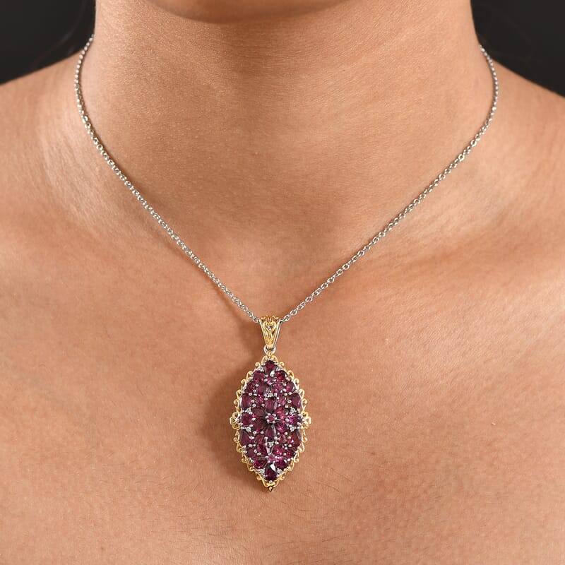EverTrue Orissa Rhodolite Garnet 6.50 ctw Bunch of Flowers Pendant in 18K YG Plated and Platinum Bond with Stainless Steel Necklace 20 Inches