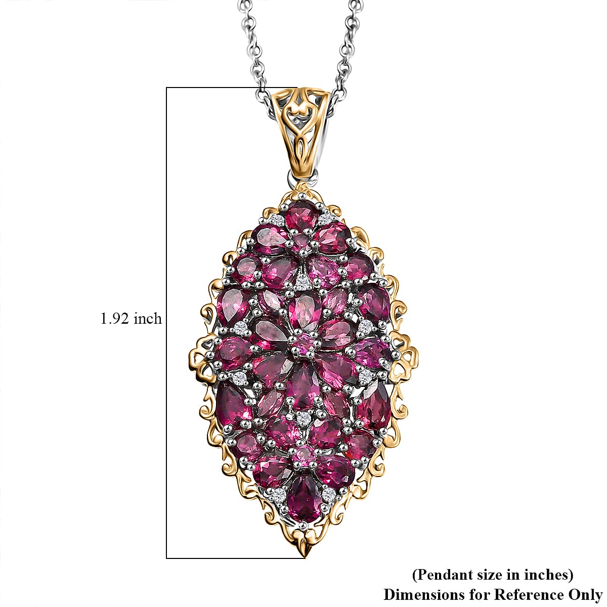 EverTrue Orissa Rhodolite Garnet 6.50 ctw Bunch of Flowers Pendant in 18K YG Plated and Platinum Bond with Stainless Steel Necklace 20 Inches
