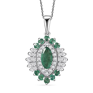 D'Joy Premium Kagem Zambian Emerald and Moissanite 1.25 ctw Pendant Necklace in Rhodium Over Sterling Silver 20 Inches