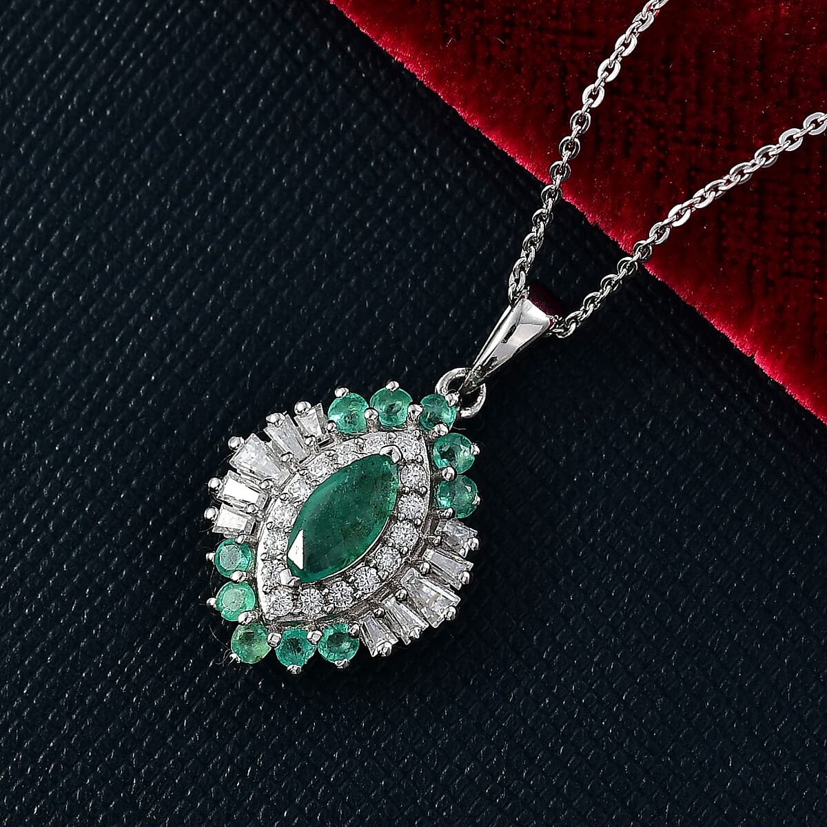 D'Joy Premium Kagem Zambian Emerald and Moissanite 1.25 ctw Pendant Necklace in Rhodium Over Sterling Silver 20 Inches image number 1