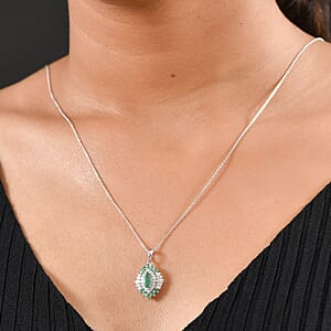 D'Joy Premium Kagem Zambian Emerald and Moissanite 1.25 ctw Pendant Necklace in Rhodium Over Sterling Silver 20 Inches