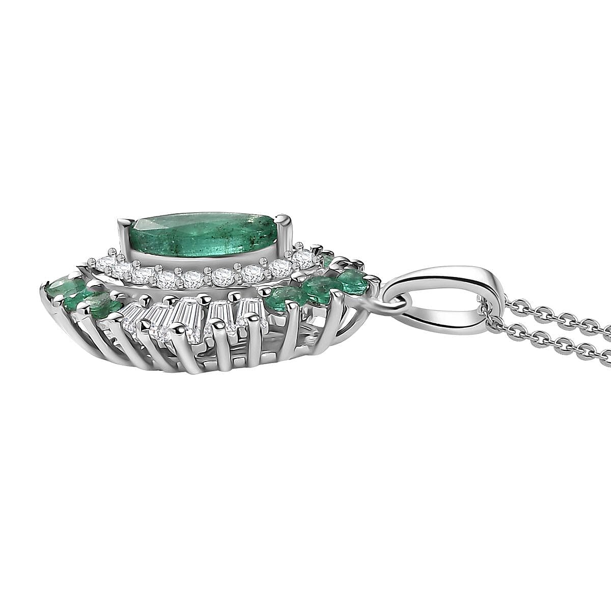 D'Joy Premium Kagem Zambian Emerald and Moissanite 1.25 ctw Pendant Necklace in Rhodium Over Sterling Silver 20 Inches image number 3