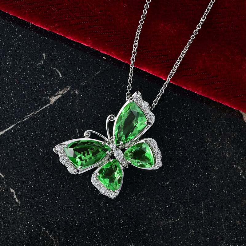 EverTrue Chartreuse Quartz (Triplet) and White Zircon 14.00 ctw Butterfly Pendant in Platinum Bond with Stainless Steel Necklace 20 Inches