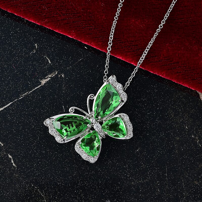 EverTrue Chartreuse Quartz (Triplet) and White Zircon 14.00 ctw Butterfly Pendant in Platinum Bond with Stainless Steel Necklace 20 Inches