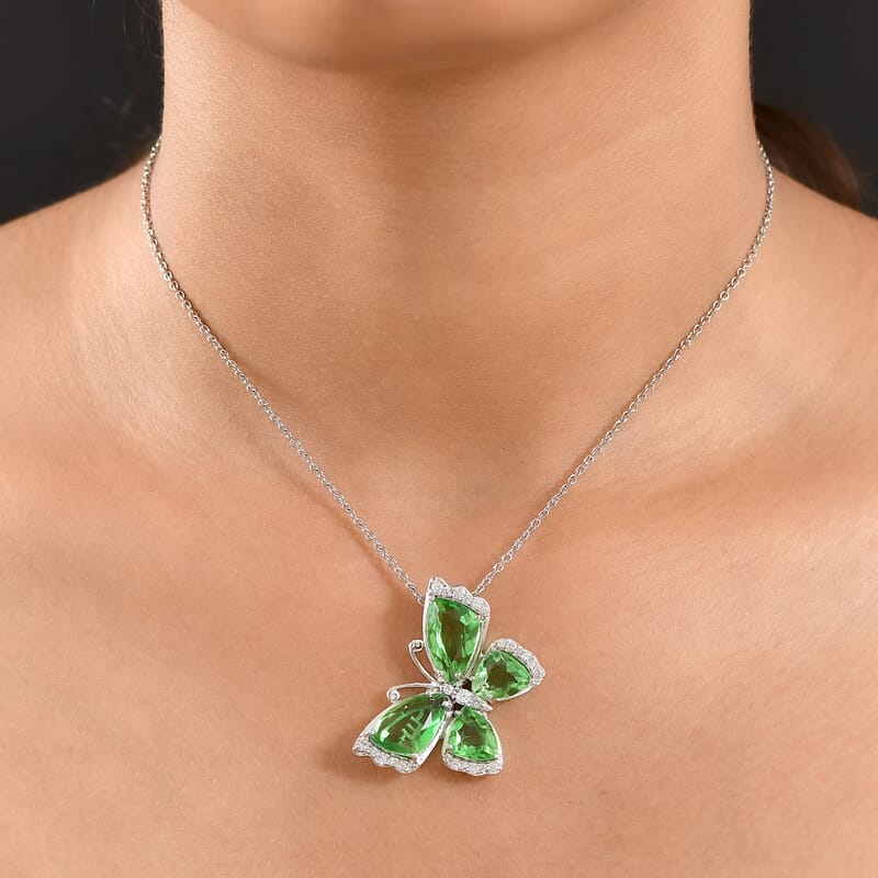 EverTrue Chartreuse Quartz (Triplet) and White Zircon 14.00 ctw Butterfly Pendant in Platinum Bond with Stainless Steel Necklace 20 Inches