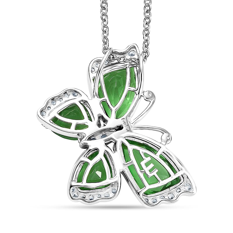 EverTrue Chartreuse Quartz (Triplet) and White Zircon 14.00 ctw Butterfly Pendant in Platinum Bond with Stainless Steel Necklace 20 Inches