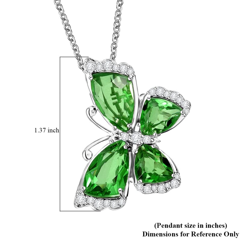 EverTrue Chartreuse Quartz (Triplet) and White Zircon 14.00 ctw Butterfly Pendant in Platinum Bond with Stainless Steel Necklace 20 Inches