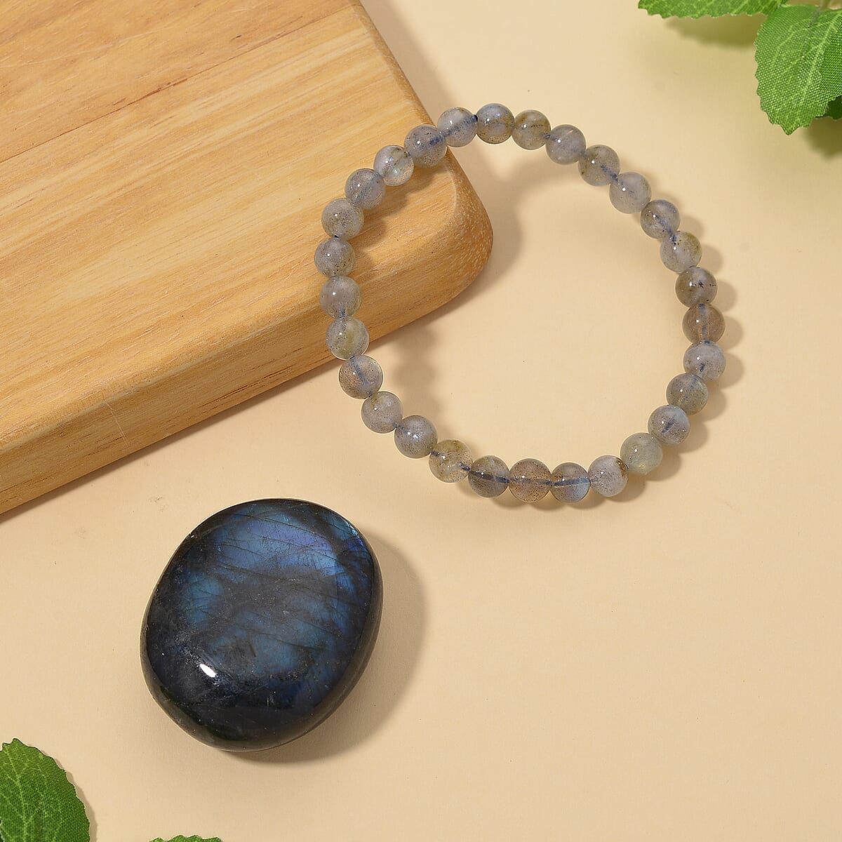 Labradorite 350.00 ctw Large Palm and Beaded Stretch Bracelet image number 1