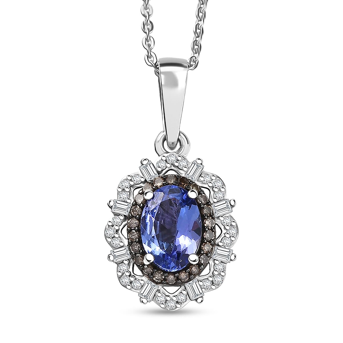 D'Joy Premium Tanzanite, Natural Champagne and White Diamond 1.00 ctw Pendant Necklace 20 Inches in Rhodium Over Sterling Silver  image number 0