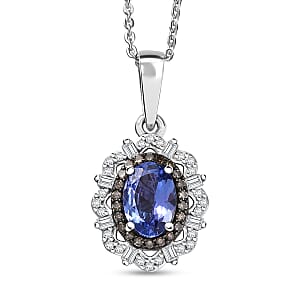 D'Joy Premium Tanzanite, Natural Champagne and White Diamond 1.00 ctw Pendant Necklace 20 Inches in Rhodium Over Sterling Silver 
