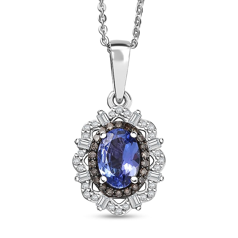 D'Joy Premium Tanzanite, Natural Champagne and White Diamond 1.00 ctw Floral Halo Pendant Necklace 20 Inches in Rhodium Over Sterling Silver