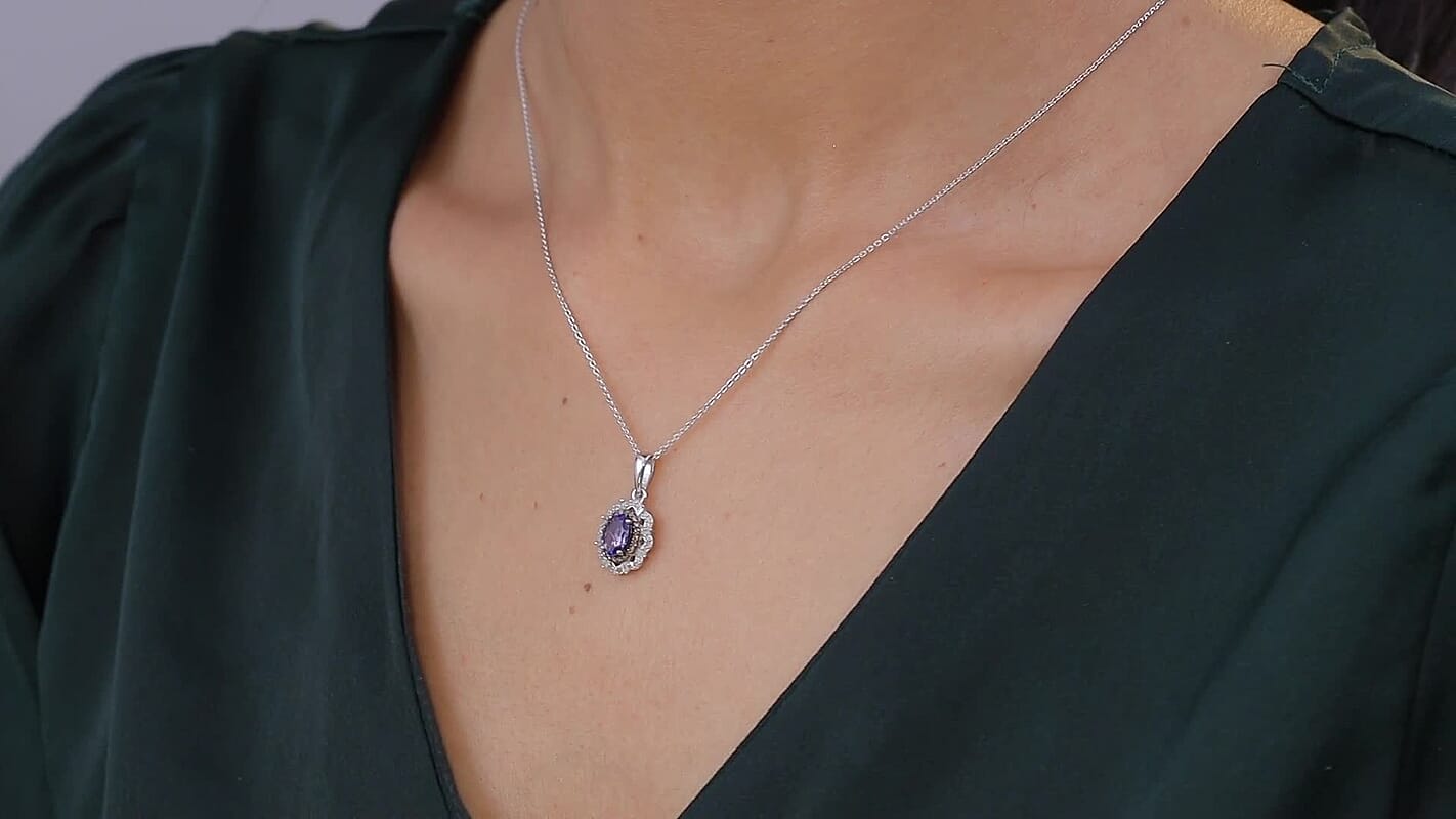 D'Joy Premium Tanzanite, Natural Champagne and White Diamond 1.00 ctw Floral Halo Pendant Necklace 20 Inches in Rhodium Over Sterling Silver