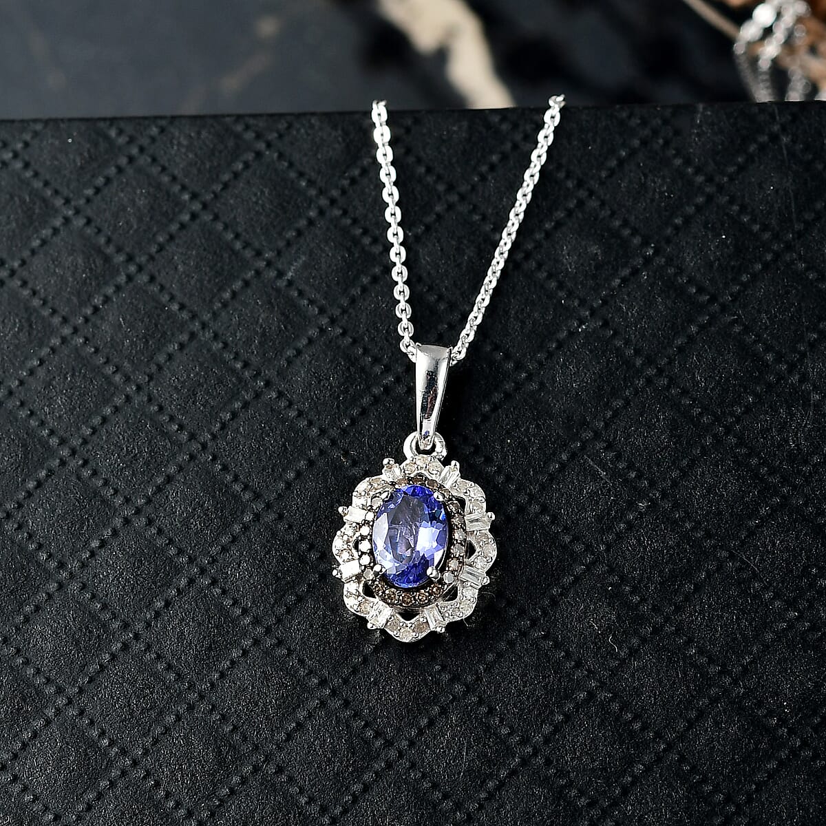 D'Joy Premium Tanzanite, Natural Champagne and White Diamond 1.00 ctw Pendant Necklace 20 Inches in Rhodium Over Sterling Silver  image number 1