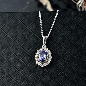 D'Joy Premium Tanzanite, Natural Champagne and White Diamond 1.00 ctw Floral Halo Pendant Necklace 20 Inches in Rhodium Over Sterling Silver 