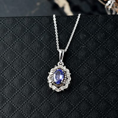 D'Joy Premium Tanzanite, Natural Champagne and White Diamond 1.00 ctw Floral Halo Pendant Necklace 20 Inches in Rhodium Over Sterling Silver