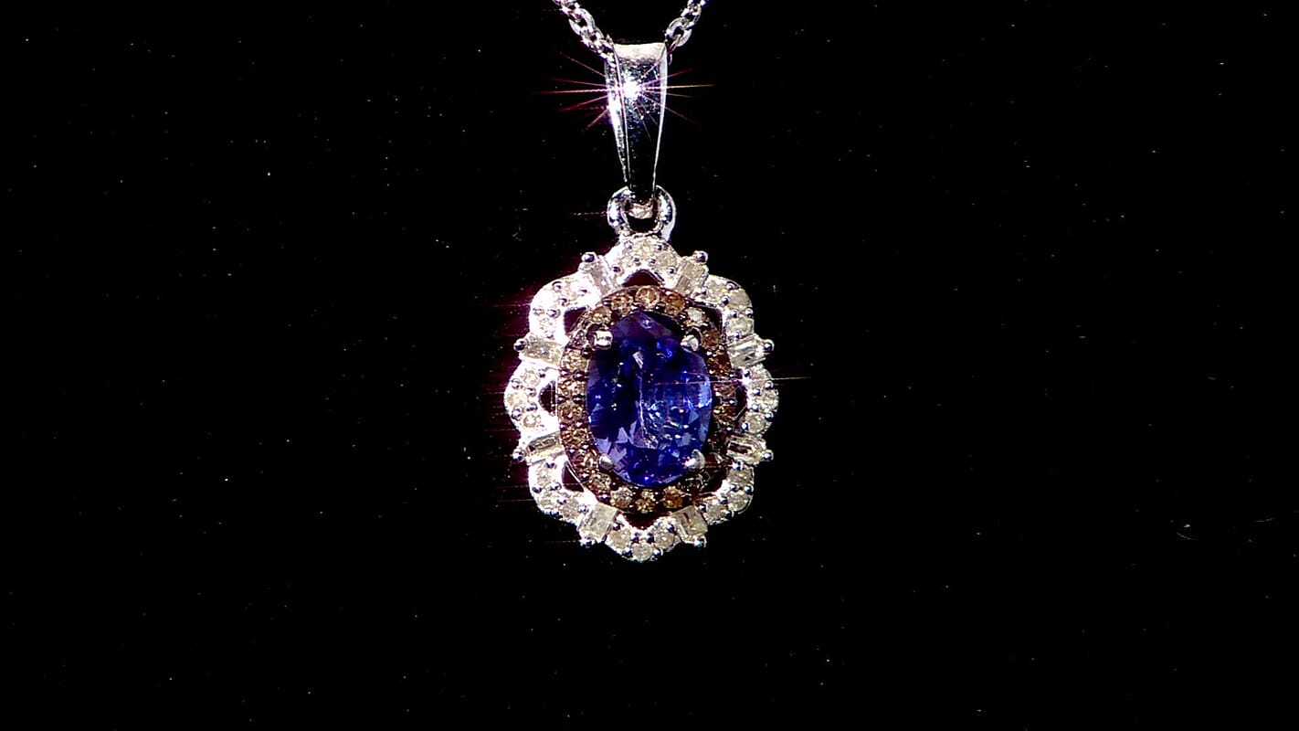 D'Joy Premium Tanzanite, Natural Champagne and White Diamond 1.00 ctw Floral Halo Pendant Necklace 20 Inches in Rhodium Over Sterling Silver