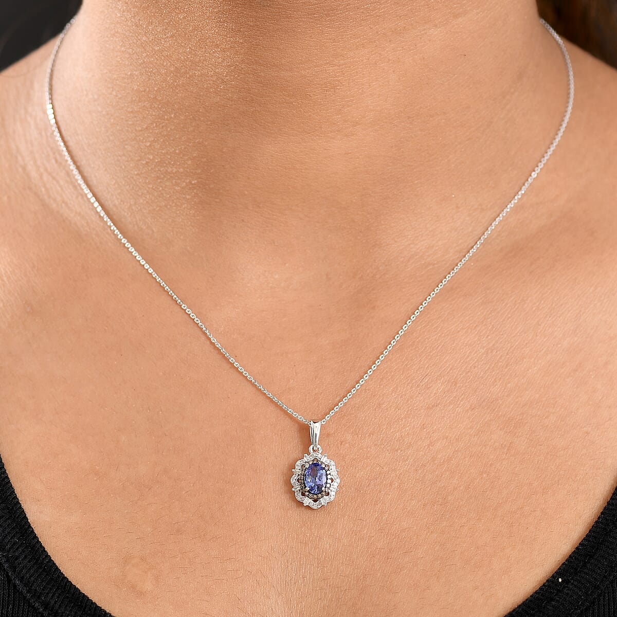 D'Joy Premium Tanzanite, Natural Champagne and White Diamond 1.00 ctw Pendant Necklace 20 Inches in Rhodium Over Sterling Silver  image number 2
