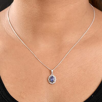 D'Joy Premium Tanzanite, Natural Champagne and White Diamond 1.00 ctw Floral Halo Pendant Necklace 20 Inches in Rhodium Over Sterling Silver