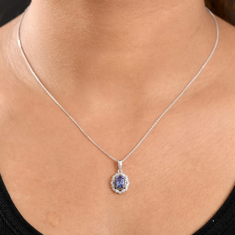 D'Joy Premium Tanzanite, Natural Champagne and White Diamond 1.00 ctw Floral Halo Pendant Necklace 20 Inches in Rhodium Over Sterling Silver
