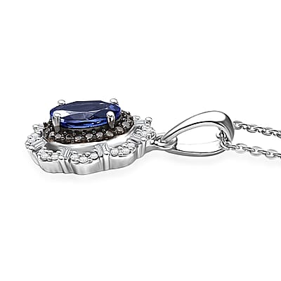D'Joy Premium Tanzanite, Natural Champagne and White Diamond 1.00 ctw Floral Halo Pendant Necklace 20 Inches in Rhodium Over Sterling Silver
