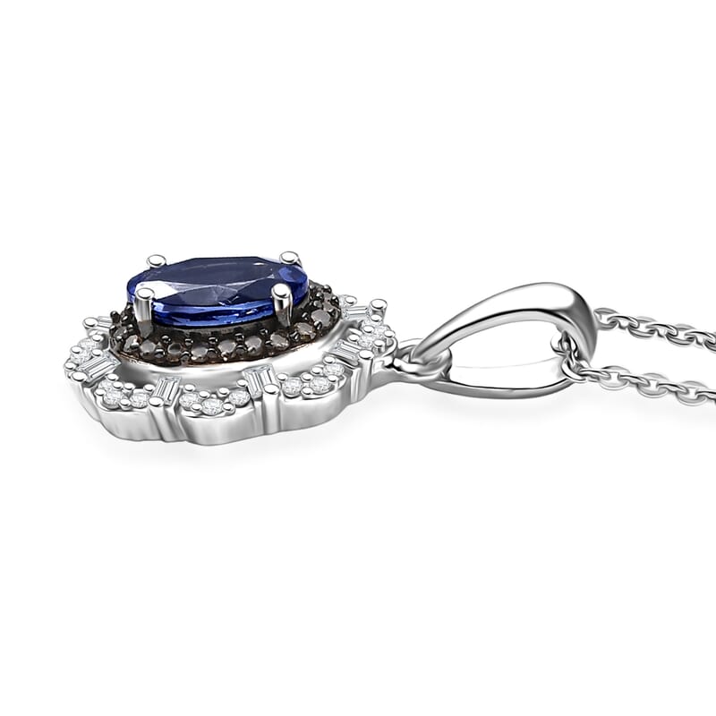 D'Joy Premium Tanzanite, Natural Champagne and White Diamond 1.00 ctw Floral Halo Pendant Necklace 20 Inches in Rhodium Over Sterling Silver